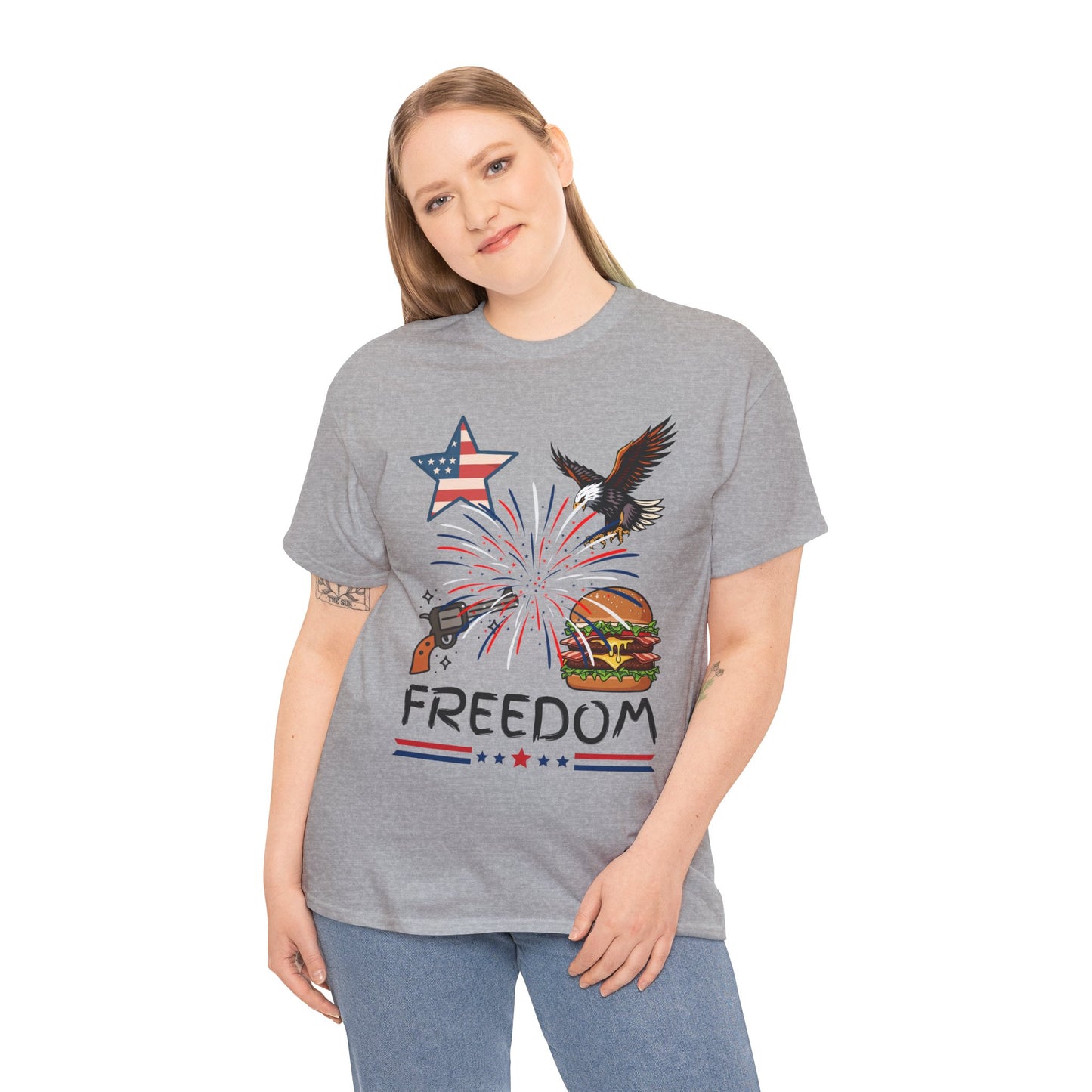 Freedom Graphic Tee — Eagle, Fireworks & Burger Patriotic T-Shirt