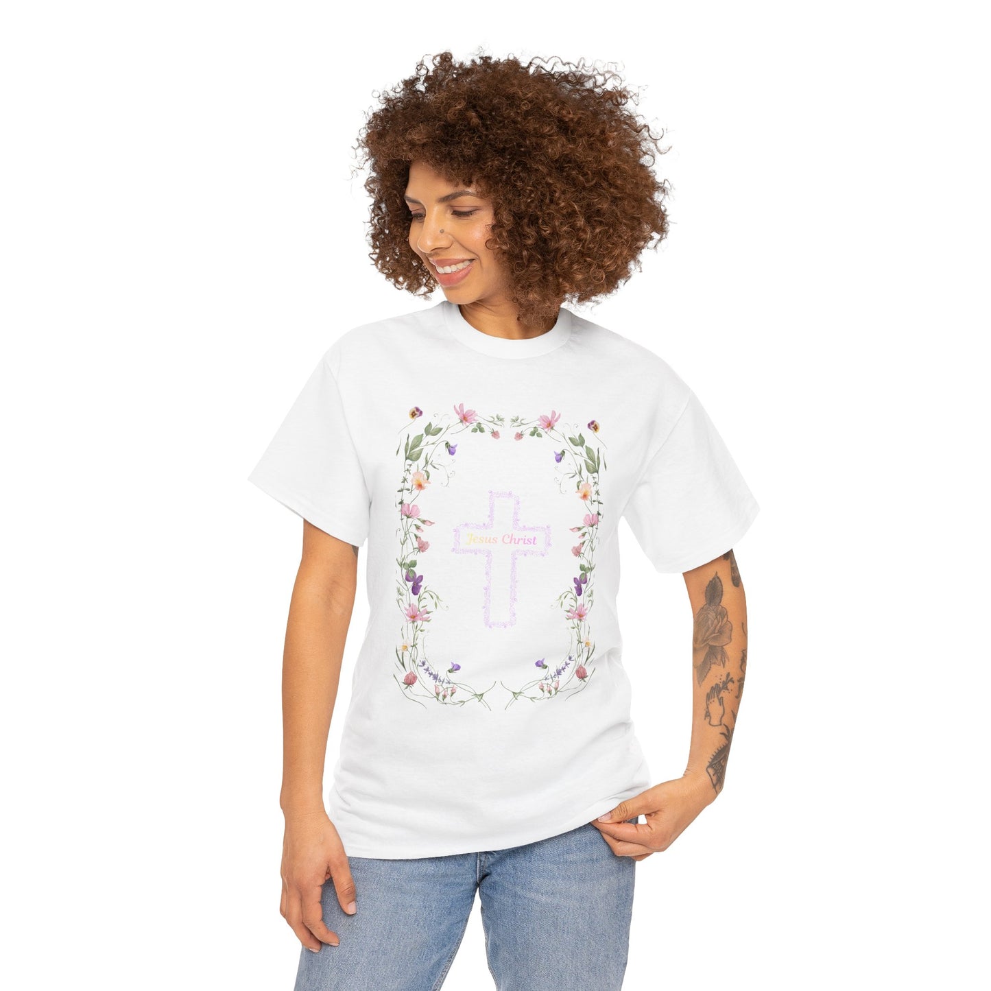 Floral Cross Tee — Pastel Flower Frame Christian T-Shirt
