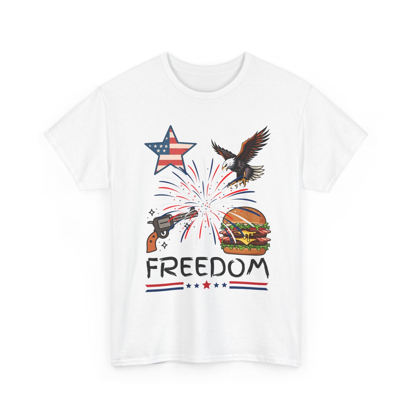 Freedom Graphic Tee — Eagle, Fireworks & Burger Patriotic T-Shirt