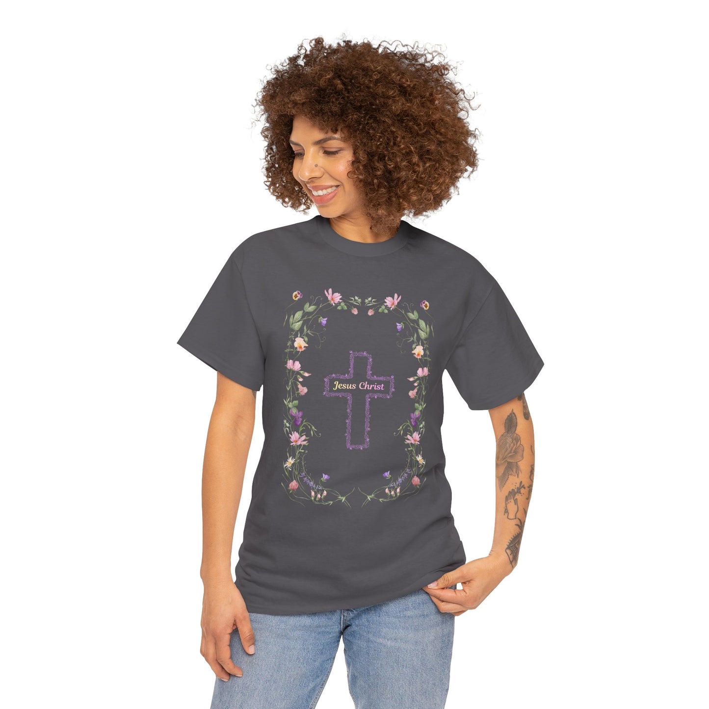 Floral Cross Tee — Pastel Flower Frame Christian T-Shirt