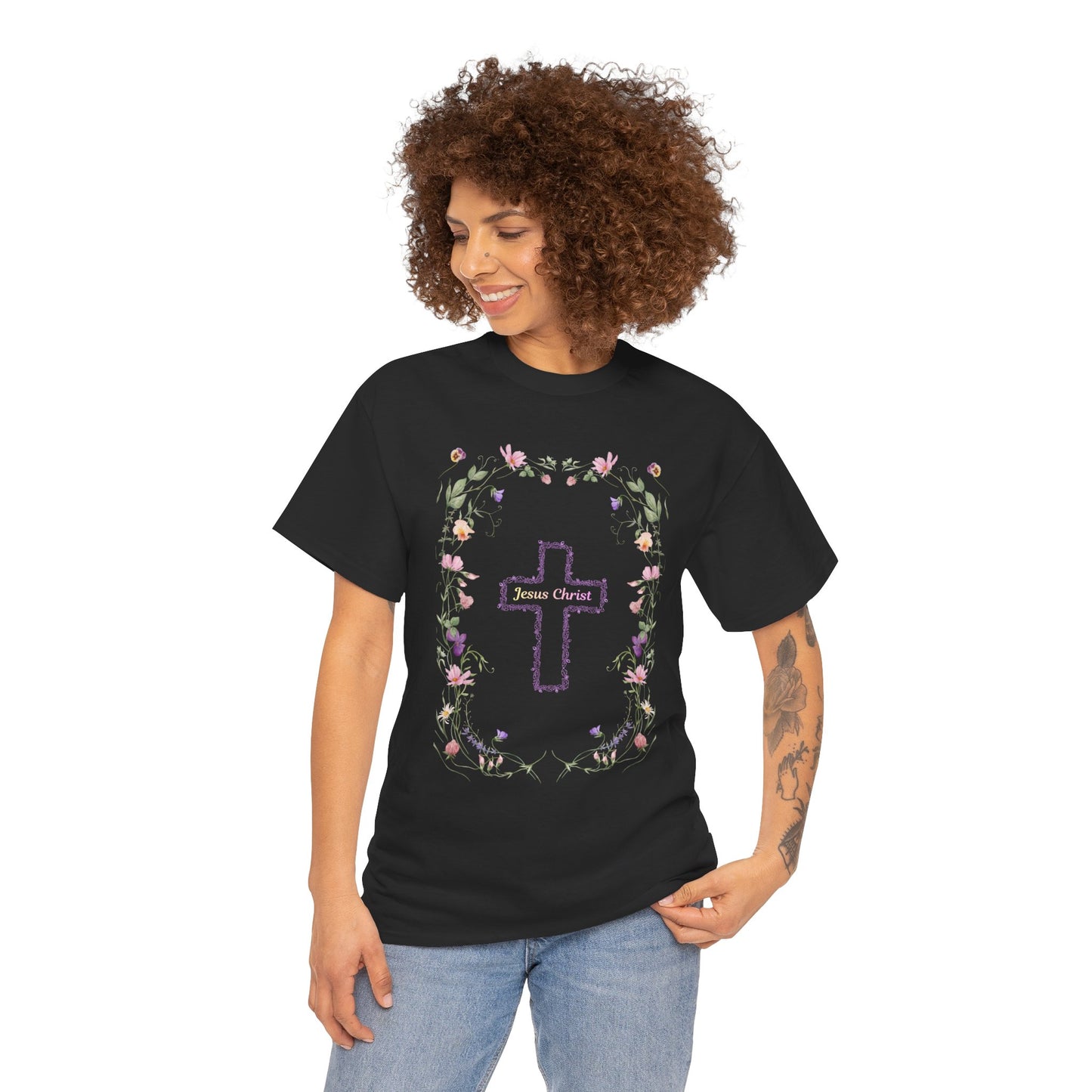 Floral Cross Tee — Pastel Flower Frame Christian T-Shirt