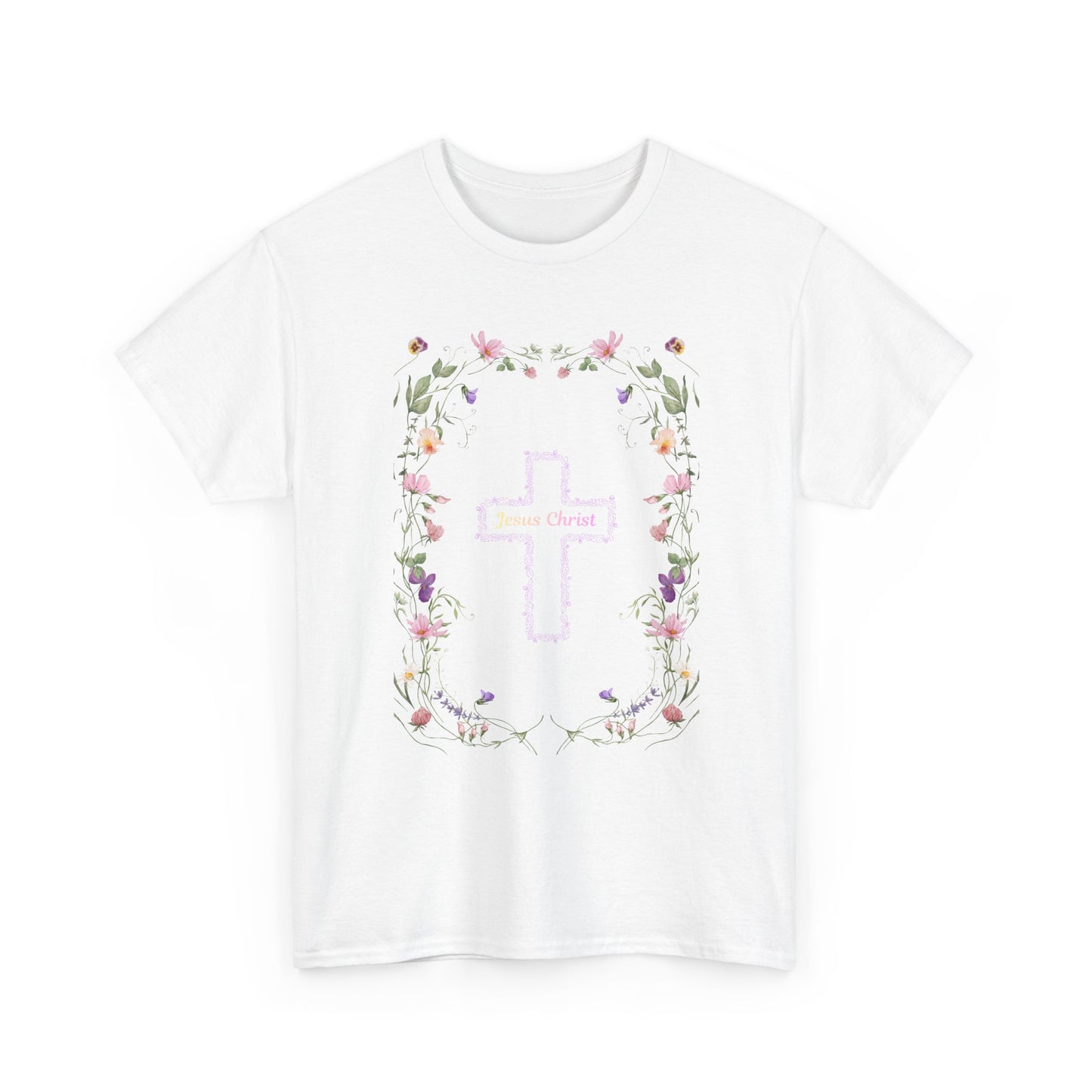 Floral Cross Tee — Pastel Flower Frame Christian T-Shirt