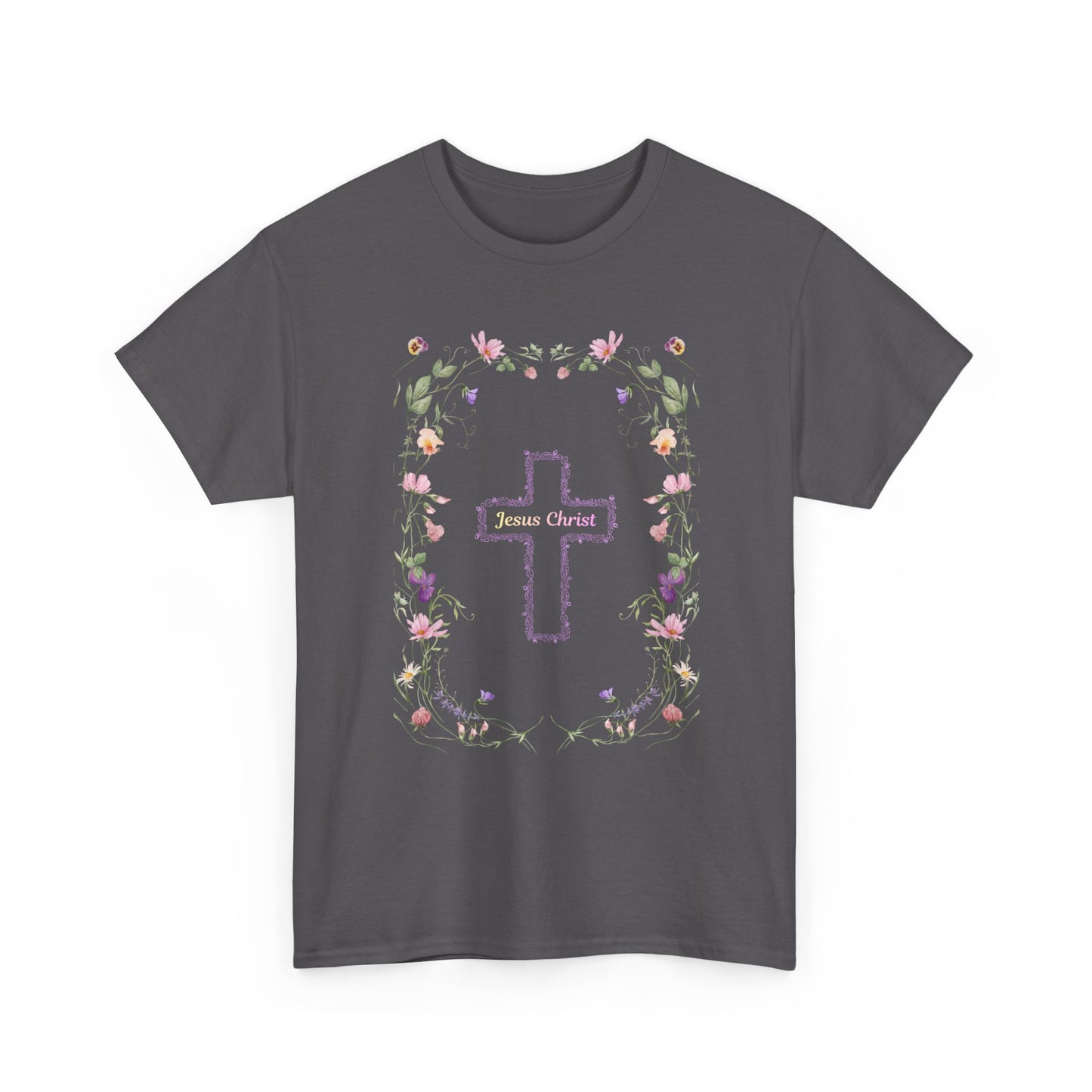 Floral Cross Tee — Pastel Flower Frame Christian T-Shirt