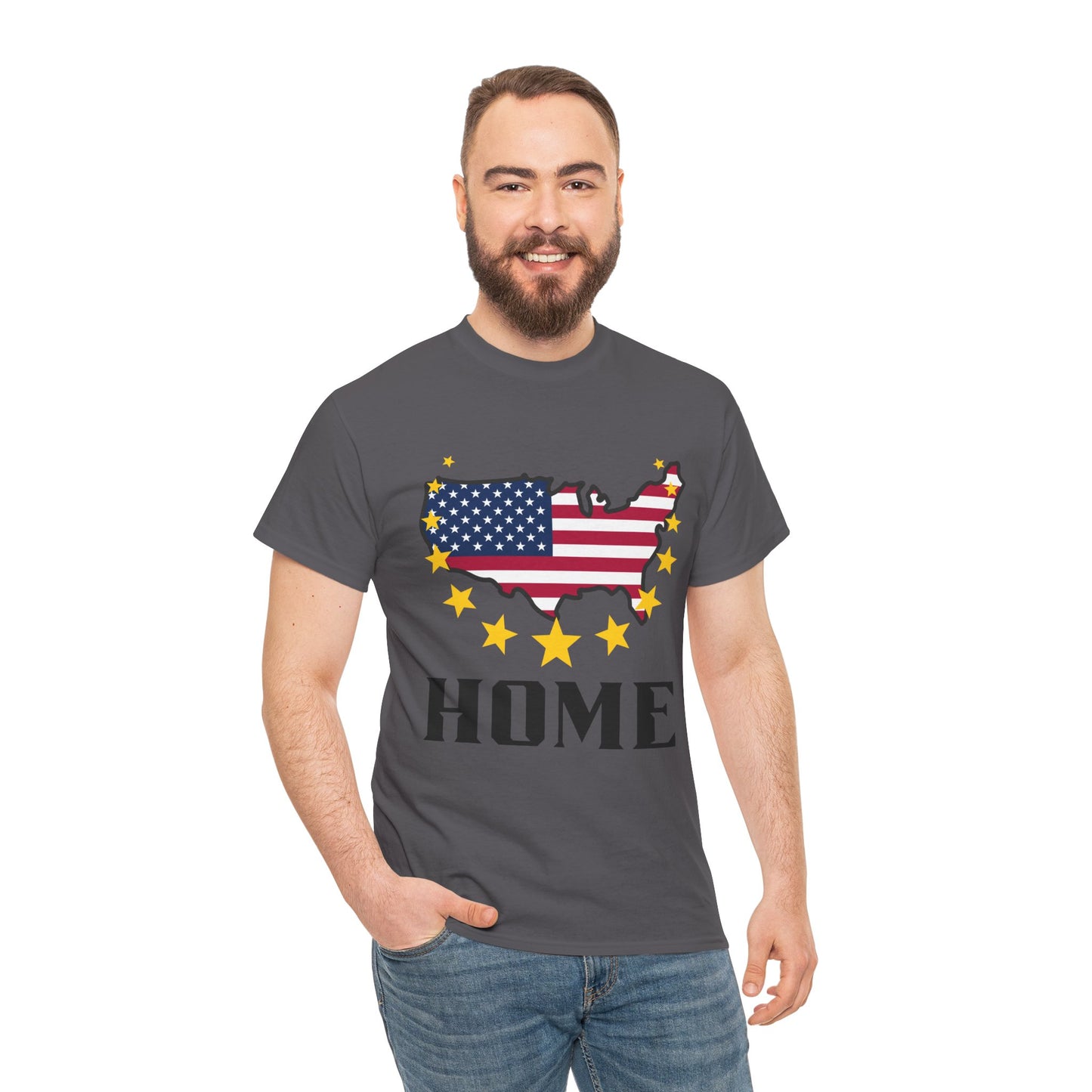USA Flag Map "HOME" T‑Shirt — Patriotic American Pride Tee for 4th of July & Veterans