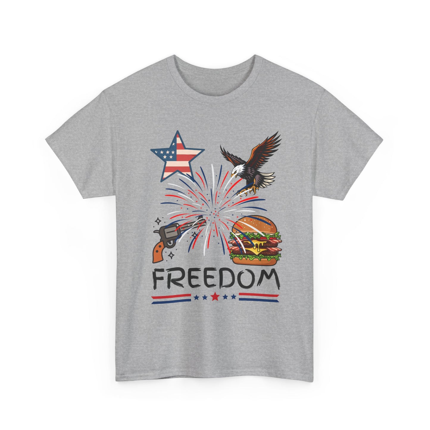 Freedom Graphic Tee — Eagle, Fireworks & Burger Patriotic T-Shirt