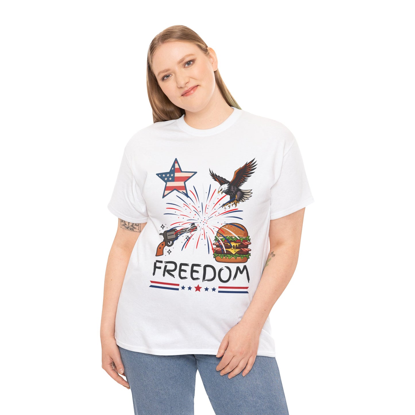 Freedom Graphic Tee — Eagle, Fireworks & Burger Patriotic T-Shirt