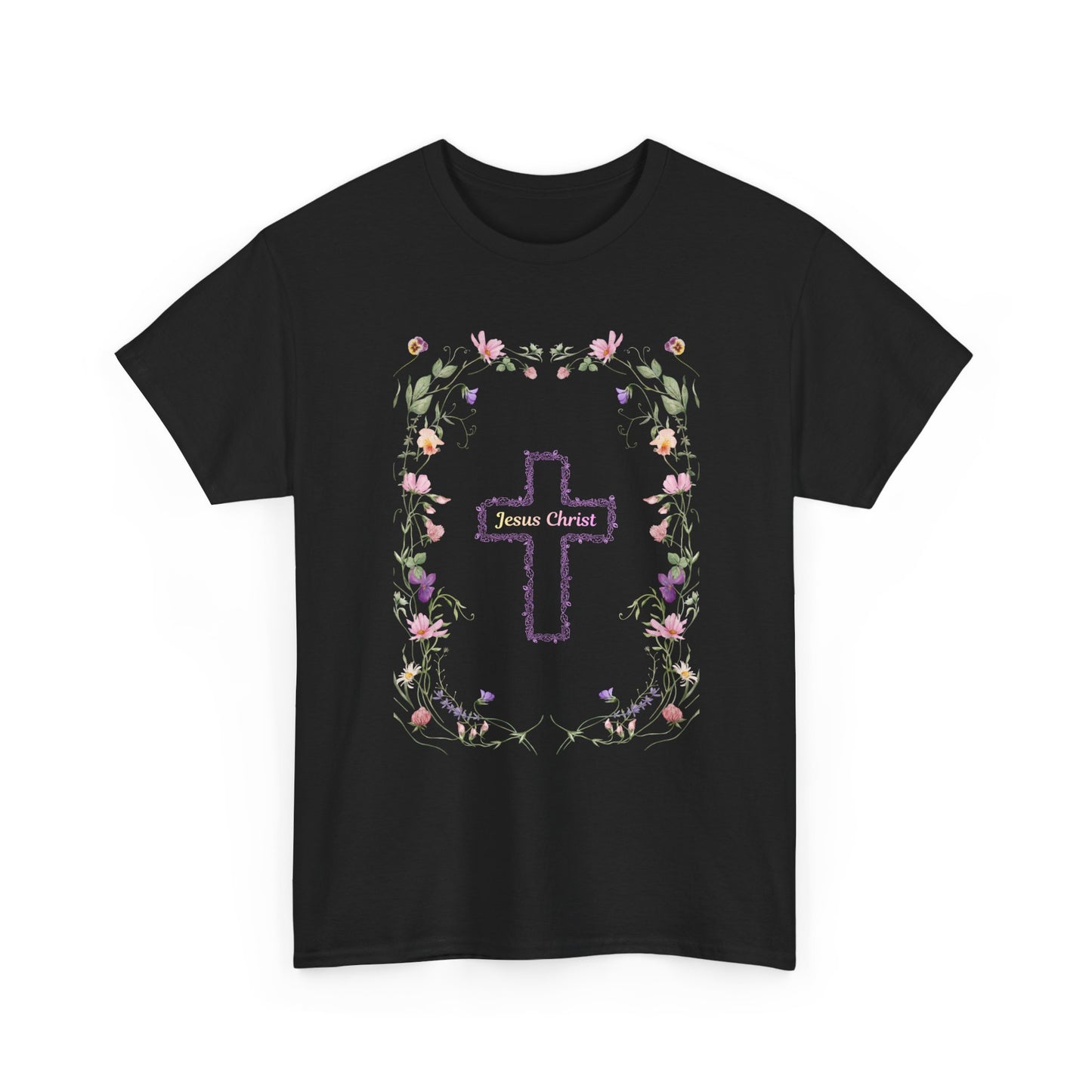 Floral Cross Tee — Pastel Flower Frame Christian T-Shirt