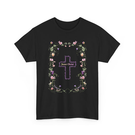 Floral Cross Tee — Pastel Flower Frame Christian T-Shirt