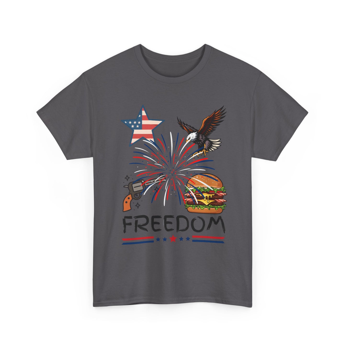 Freedom Graphic Tee — Eagle, Fireworks & Burger Patriotic T-Shirt